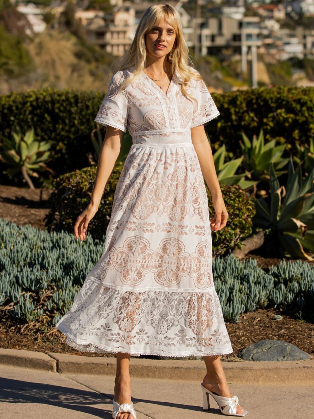 Lace midi dress- Smoked waistband, crochet lace trim